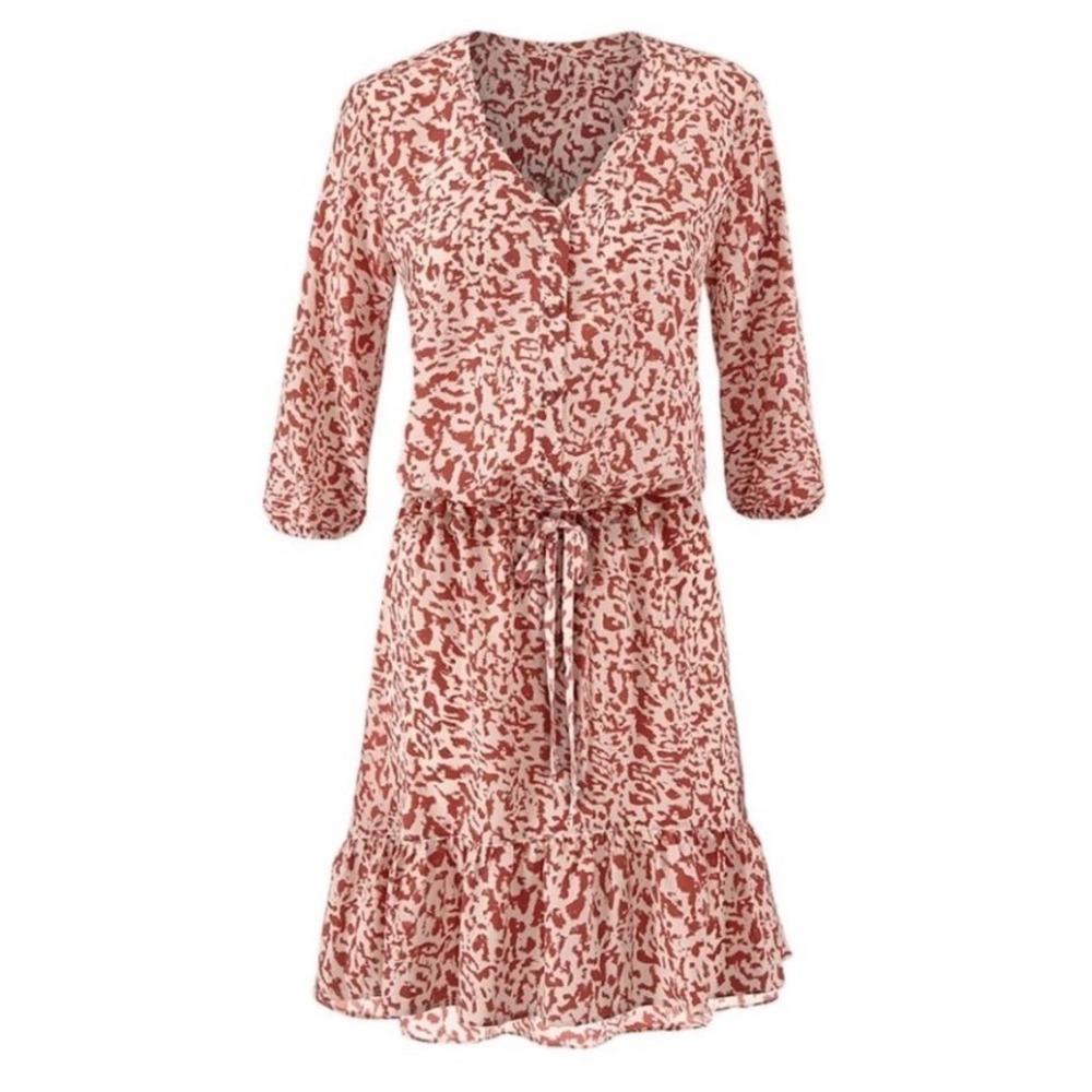 Cabi Sienna Ruffle Trim Dress M Red Beige Leopard Button Front Tie Waist Artsy
